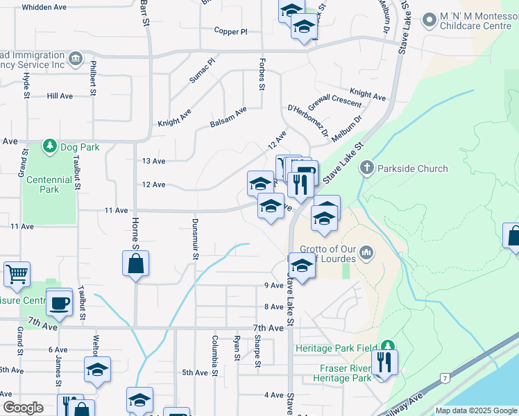 map of restaurants, bars, coffee shops, grocery stores, and more near 33562 11 Avenue in Mission