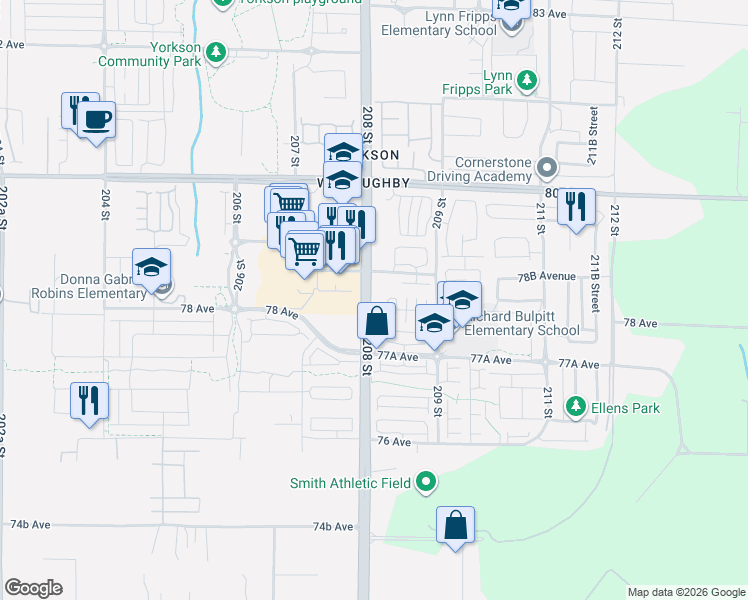 map of restaurants, bars, coffee shops, grocery stores, and more near 7809 209 Street in Langley Township