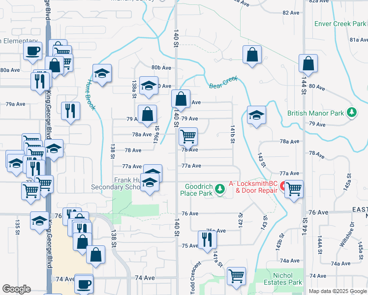 map of restaurants, bars, coffee shops, grocery stores, and more near 7601 78 Avenue in Surrey