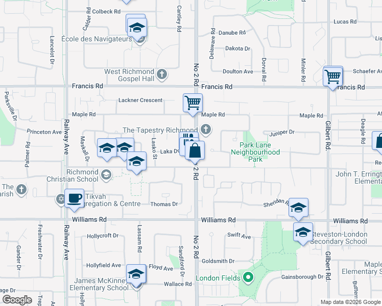 map of restaurants, bars, coffee shops, grocery stores, and more near 9411 Number 2 Road in Richmond