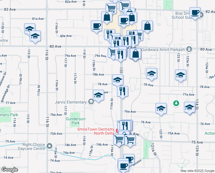 map of restaurants, bars, coffee shops, grocery stores, and more near 11930 78 Avenue in Delta