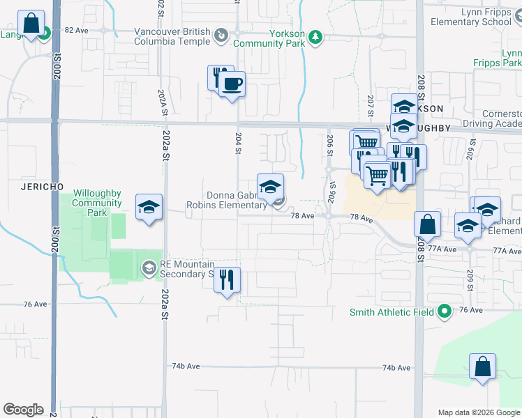 map of restaurants, bars, coffee shops, grocery stores, and more near 20453 78 Avenue in Langley Township