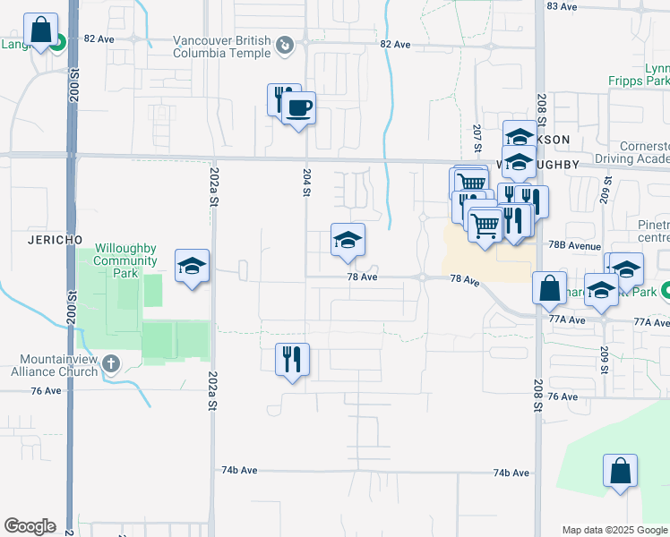 map of restaurants, bars, coffee shops, grocery stores, and more near 20443 78 Avenue in Langley Township