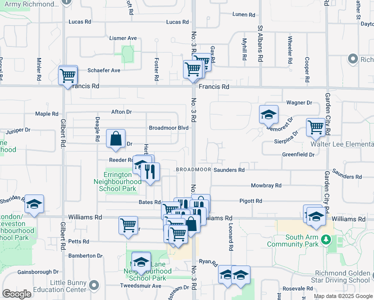 map of restaurants, bars, coffee shops, grocery stores, and more near 9551 Number 3 Road in Richmond