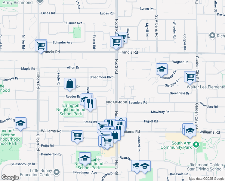 map of restaurants, bars, coffee shops, grocery stores, and more near 9551 No. 3 Road in Richmond