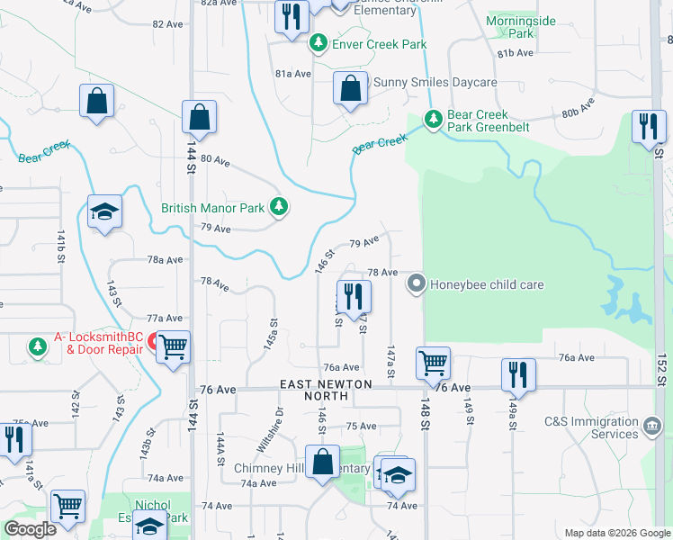 map of restaurants, bars, coffee shops, grocery stores, and more near 7801 146A Street in Surrey
