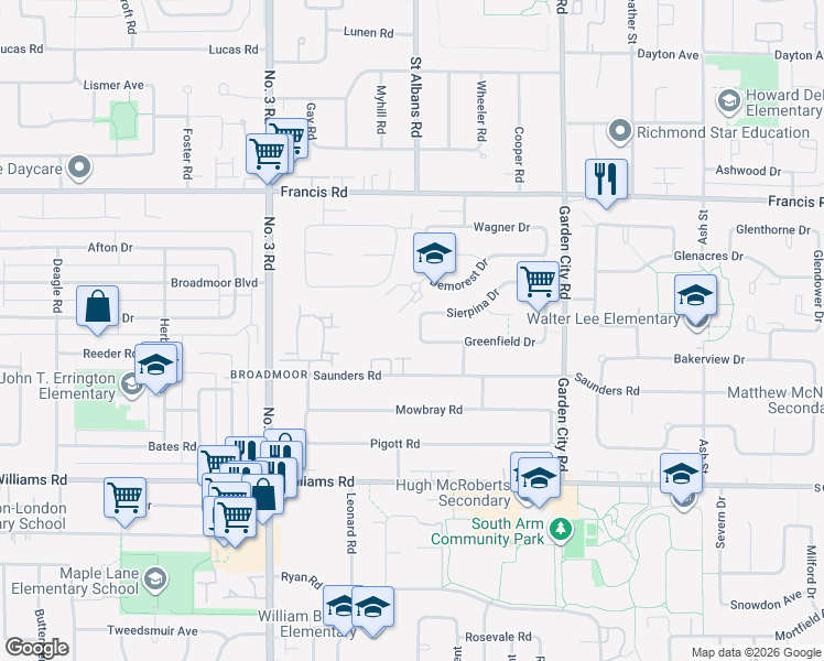 map of restaurants, bars, coffee shops, grocery stores, and more near 8511 Sierpina Drive in Richmond