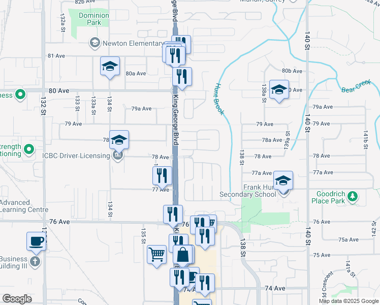 map of restaurants, bars, coffee shops, grocery stores, and more near 7850 King George Boulevard in Surrey
