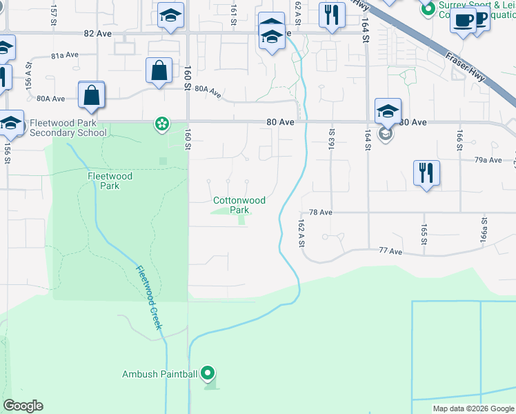 map of restaurants, bars, coffee shops, grocery stores, and more near 16178 78 Avenue in Surrey