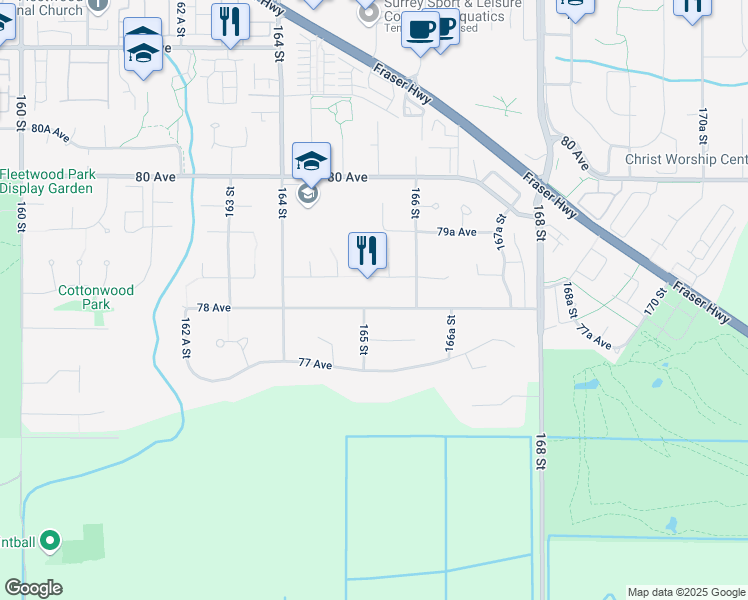 map of restaurants, bars, coffee shops, grocery stores, and more near 16541 78 Avenue in Surrey