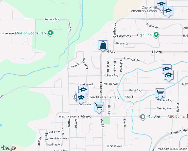 map of restaurants, bars, coffee shops, grocery stores, and more near 32157 Holiday Avenue in Mission