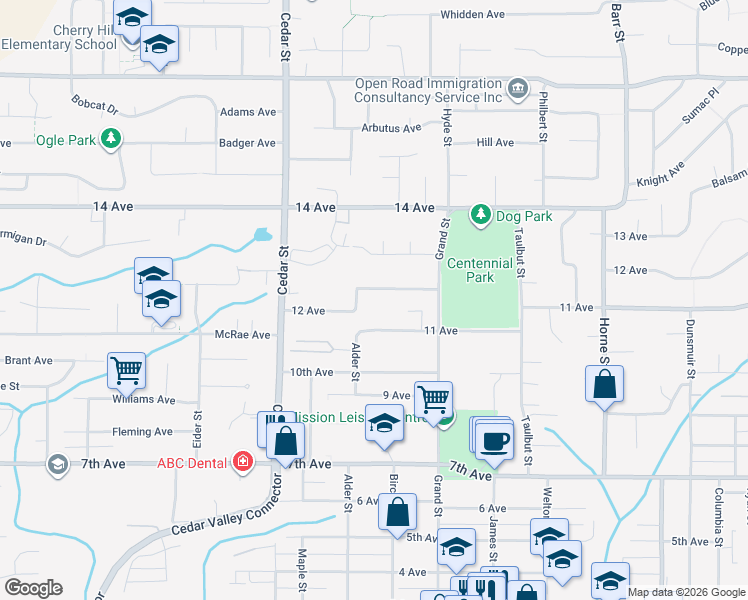 map of restaurants, bars, coffee shops, grocery stores, and more near 32916 12 Avenue in Mission