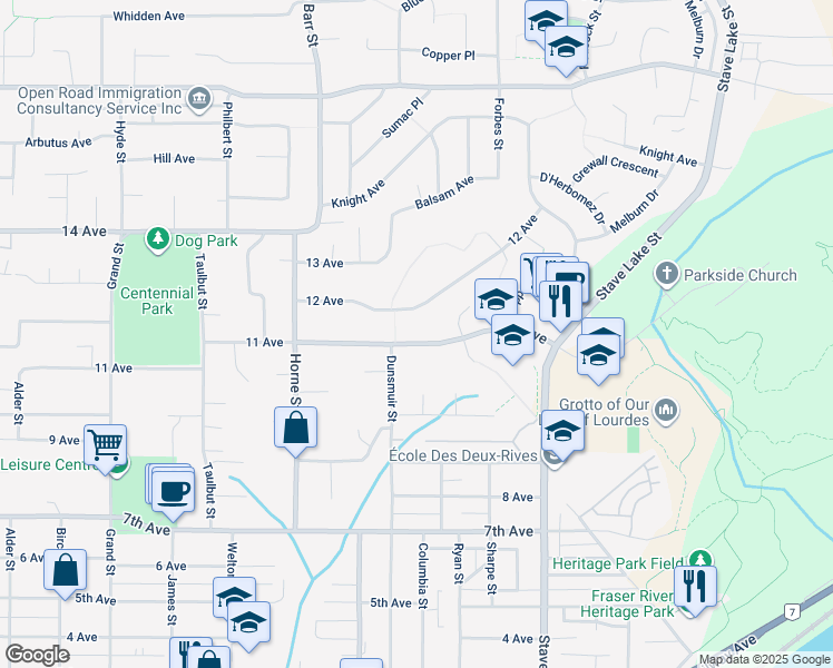 map of restaurants, bars, coffee shops, grocery stores, and more near 33491 11 Avenue in Mission