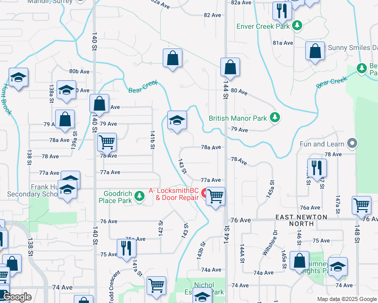 map of restaurants, bars, coffee shops, grocery stores, and more near 14338 78A Avenue in Surrey