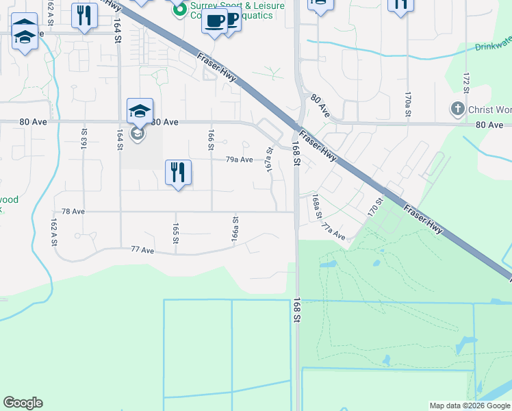 map of restaurants, bars, coffee shops, grocery stores, and more near 16715 78 Avenue in Surrey