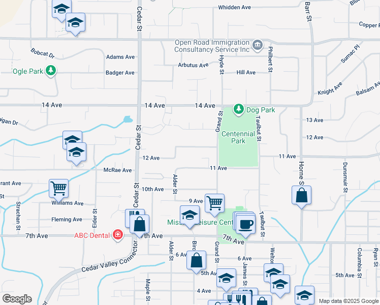 map of restaurants, bars, coffee shops, grocery stores, and more near 32934 12 Avenue in Mission