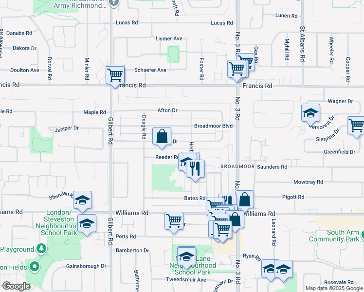 map of restaurants, bars, coffee shops, grocery stores, and more near 7600 Belair Drive in Richmond