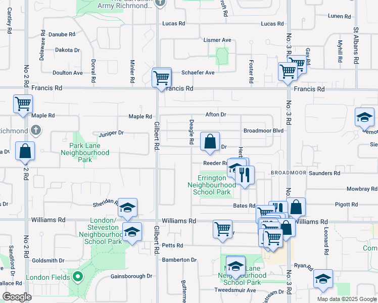 map of restaurants, bars, coffee shops, grocery stores, and more near 9631 Deagle Road in Richmond