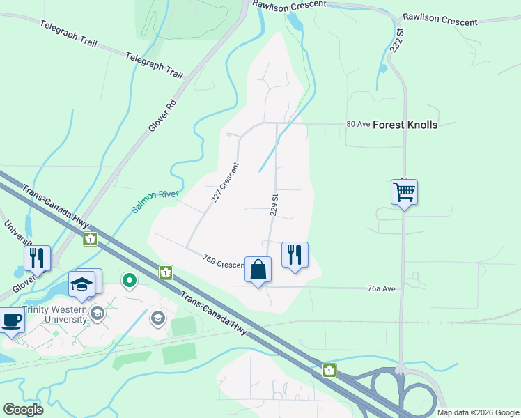 map of restaurants, bars, coffee shops, grocery stores, and more near 22872 78 Avenue in Langley