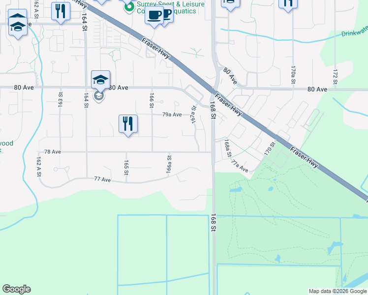 map of restaurants, bars, coffee shops, grocery stores, and more near 16715 78 Avenue in Surrey
