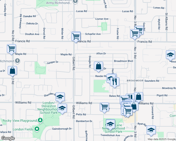 map of restaurants, bars, coffee shops, grocery stores, and more near 9631 Deagle Road in Richmond