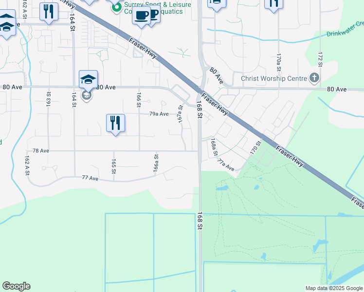 map of restaurants, bars, coffee shops, grocery stores, and more near 7827 167A Street in Surrey