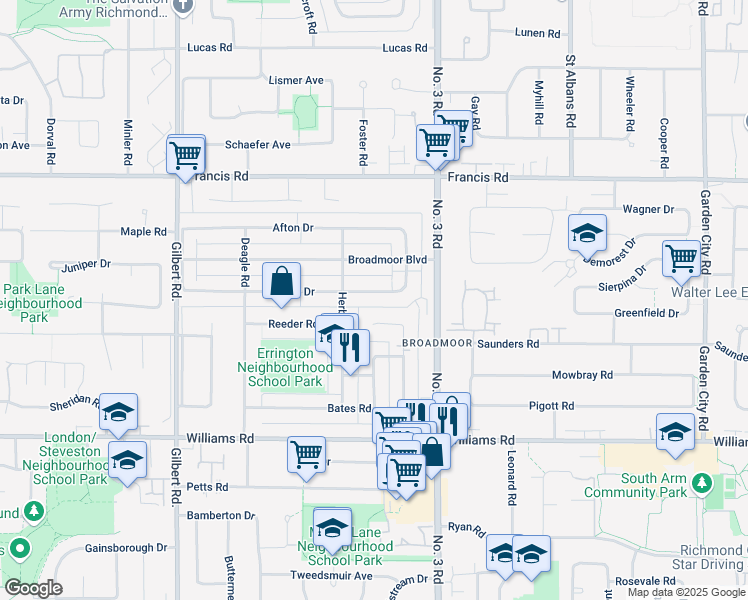 map of restaurants, bars, coffee shops, grocery stores, and more near 7760 Belair Drive in Richmond