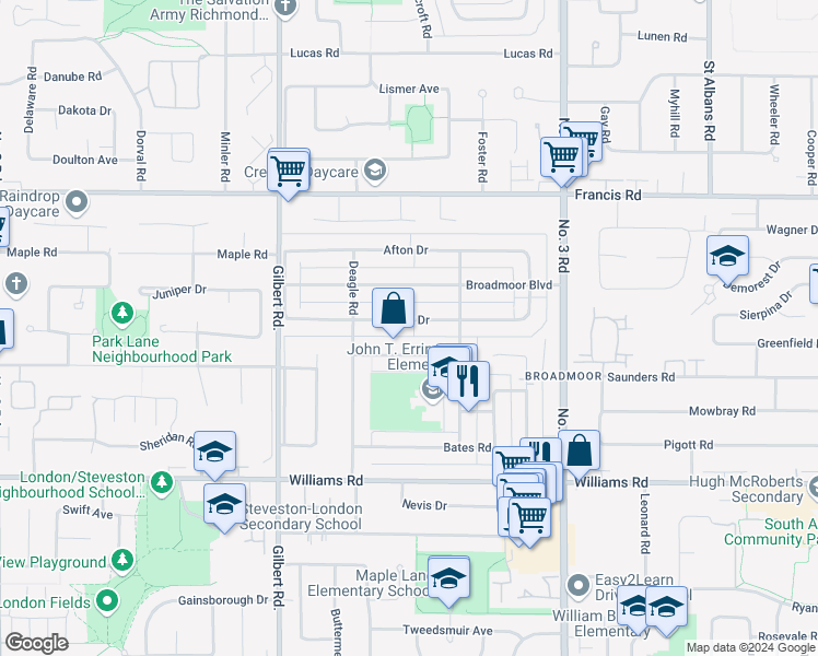 map of restaurants, bars, coffee shops, grocery stores, and more near 7520 Belair Drive in Richmond