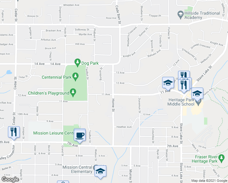 map of restaurants, bars, coffee shops, grocery stores, and more near 7850 Horne Street in Mission