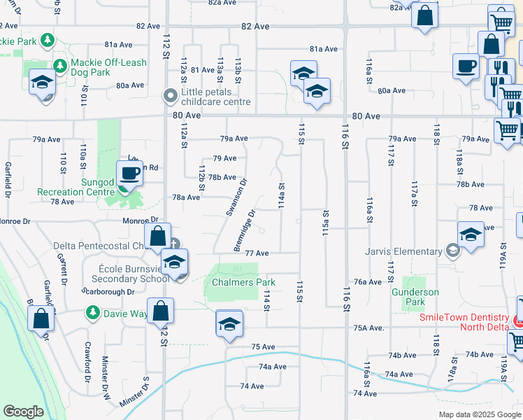 map of restaurants, bars, coffee shops, grocery stores, and more near 78 Avenue in Delta