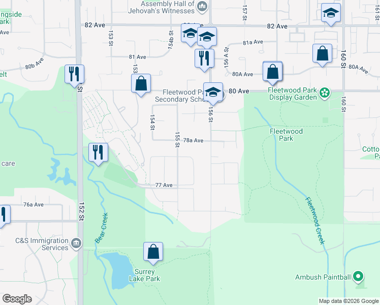 map of restaurants, bars, coffee shops, grocery stores, and more near 15537 78 Avenue in Surrey