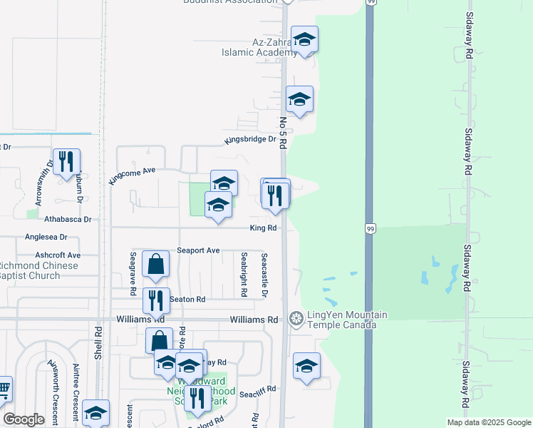 map of restaurants, bars, coffee shops, grocery stores, and more near 11791 King Road in Richmond