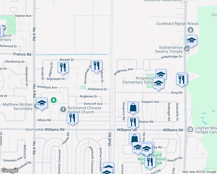 map of restaurants, bars, coffee shops, grocery stores, and more near 10991 Athabasca Drive in Richmond