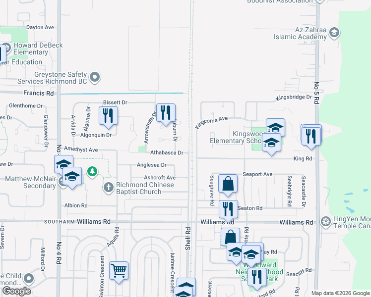 map of restaurants, bars, coffee shops, grocery stores, and more near 10991 Athabasca Drive in Richmond
