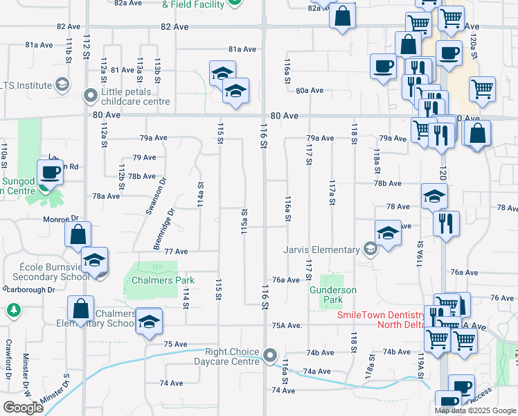 map of restaurants, bars, coffee shops, grocery stores, and more near 7801 116 Street in Delta
