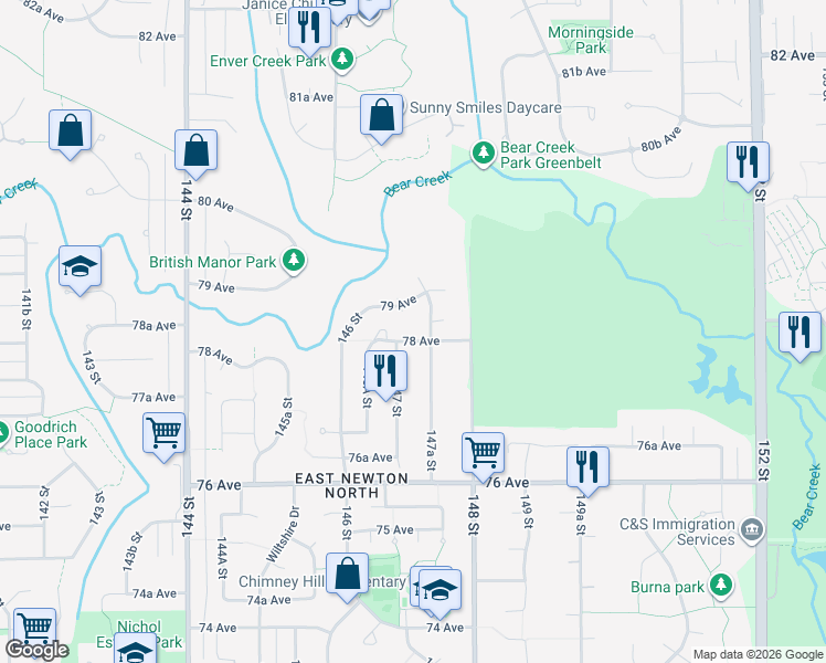 map of restaurants, bars, coffee shops, grocery stores, and more near 14727 78 Avenue in Surrey