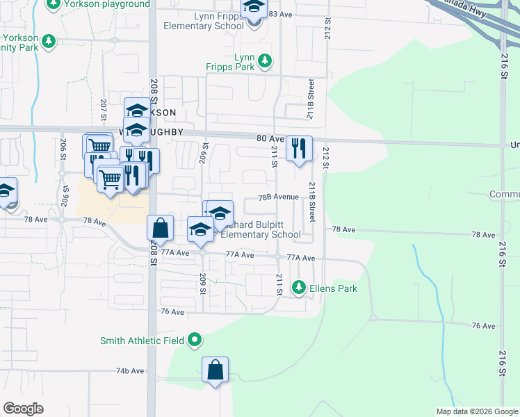 map of restaurants, bars, coffee shops, grocery stores, and more near 21067 78A Avenue in Langley Township