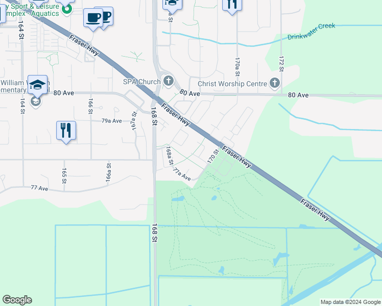 map of restaurants, bars, coffee shops, grocery stores, and more near 16182 78 A Avenue in Surrey