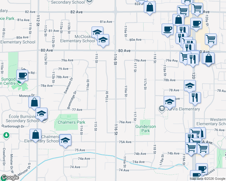map of restaurants, bars, coffee shops, grocery stores, and more near 7803 116 Street in Delta