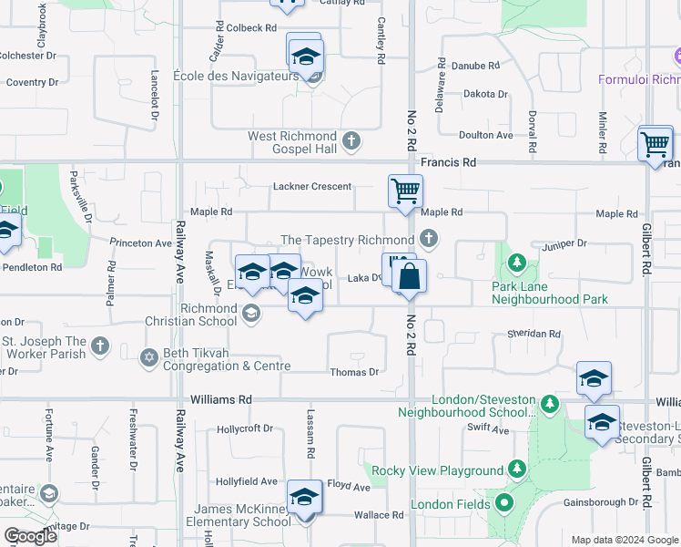 map of restaurants, bars, coffee shops, grocery stores, and more near 9420 Lasko Street in Richmond