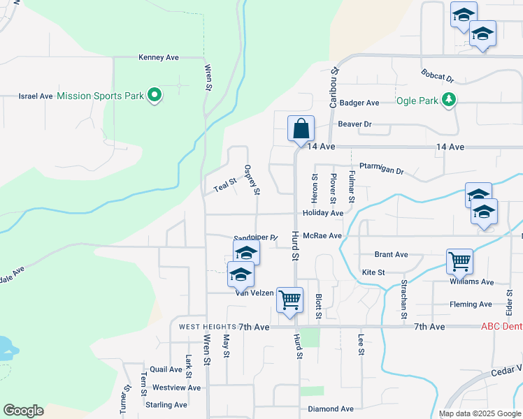 map of restaurants, bars, coffee shops, grocery stores, and more near 32127 Holiday Avenue in Mission