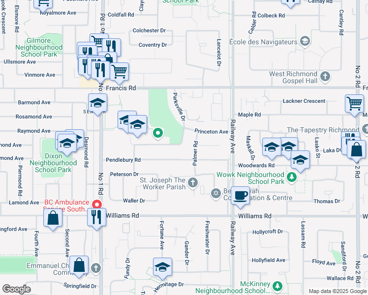 map of restaurants, bars, coffee shops, grocery stores, and more near 9580 Parksville Drive in Richmond