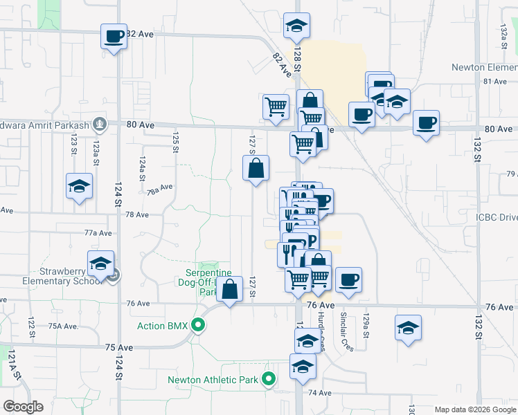 map of restaurants, bars, coffee shops, grocery stores, and more near 7818 127 Street in Surrey
