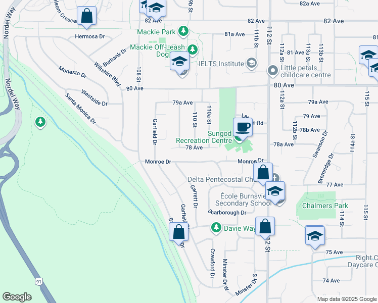 map of restaurants, bars, coffee shops, grocery stores, and more near 10954 78 Avenue in Delta