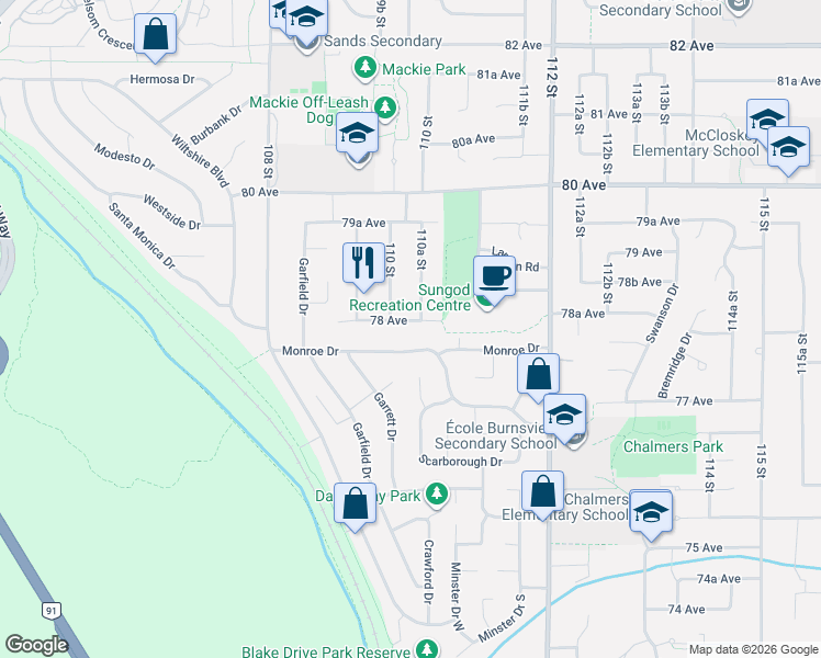 map of restaurants, bars, coffee shops, grocery stores, and more near 11004 78 Avenue in Delta