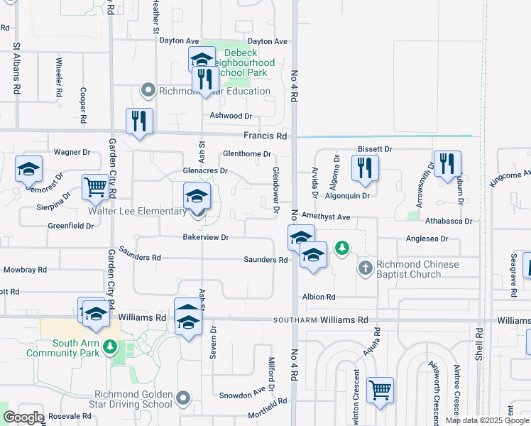 map of restaurants, bars, coffee shops, grocery stores, and more near 9411 Glendower Drive in Richmond