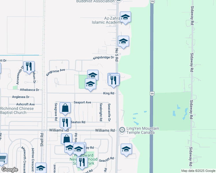 map of restaurants, bars, coffee shops, grocery stores, and more near 11771 King Road in Richmond