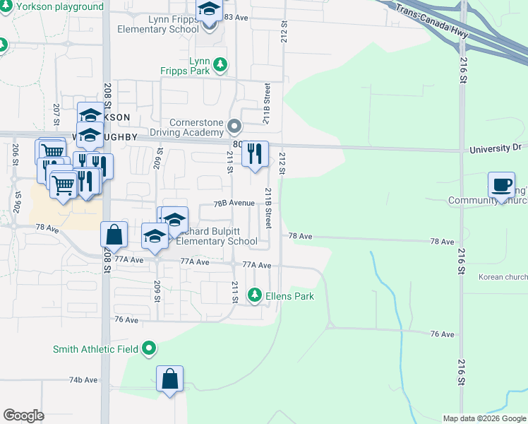 map of restaurants, bars, coffee shops, grocery stores, and more near 7849 211B Street in Langley Township