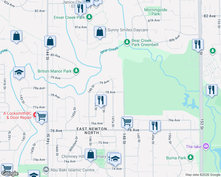 map of restaurants, bars, coffee shops, grocery stores, and more near 7833 147A Street in Surrey