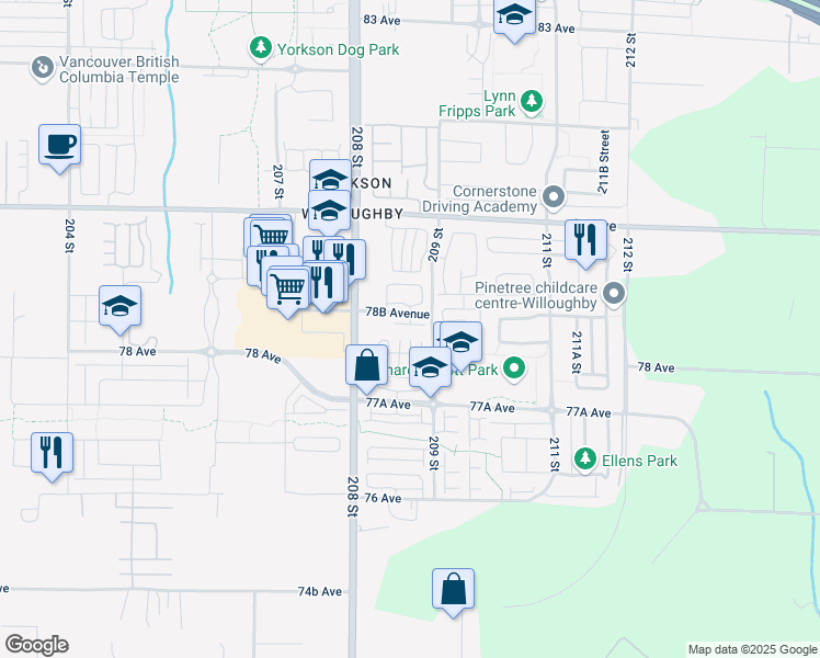 map of restaurants, bars, coffee shops, grocery stores, and more near in Langley Township